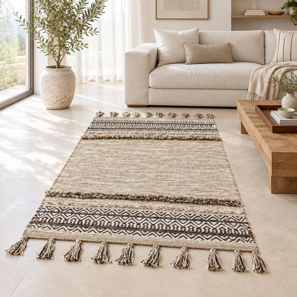 Alfombra kilim de algodón de pelo largo IC15969 Crema/Marfil