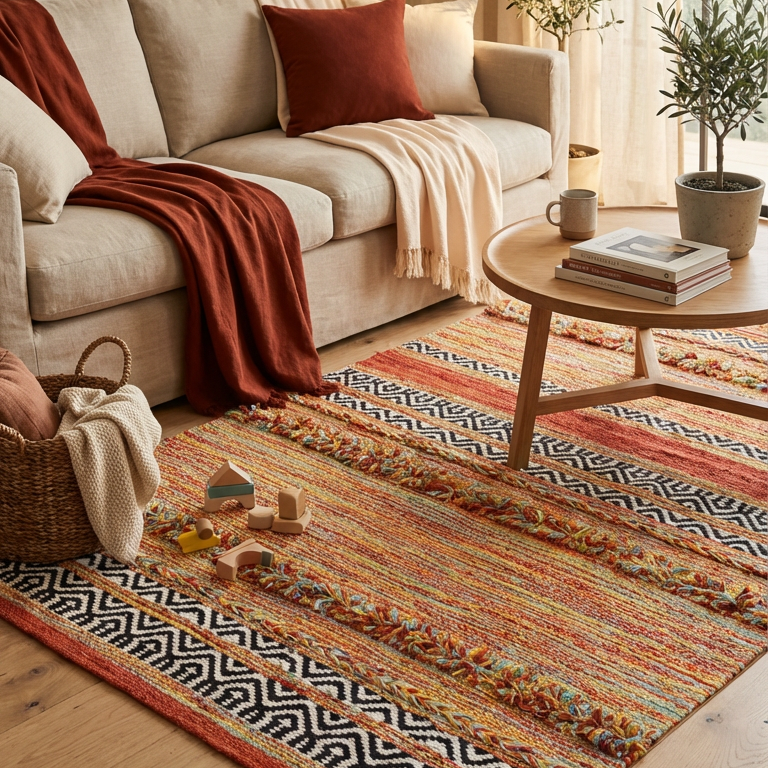 Alfombra kilim de algodón con textura de pelo largo IC17711 Naranja