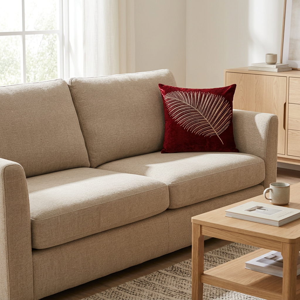 Cojín rojo con hoja en una sala