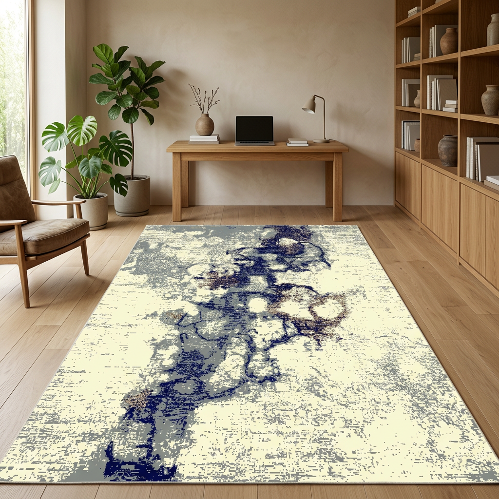 Visualización con IA de alfombra SAS01B en un estudio, vista amplia