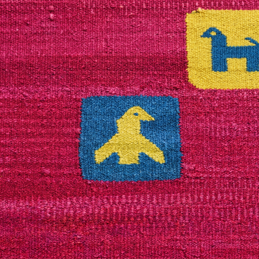 Detalle interpretado con IA del tejido y motivos de la alfombra OX6