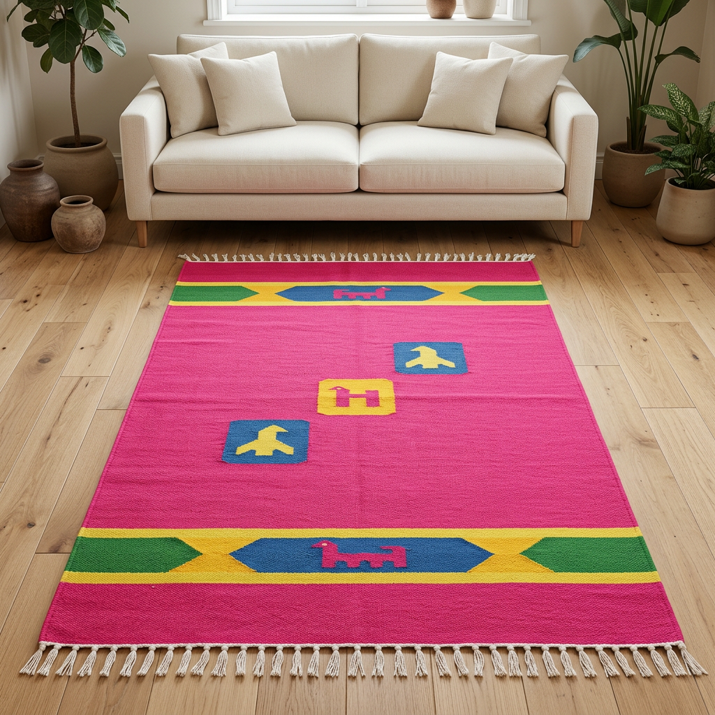 Alfombra OX6 en sala con sofá neutro y piso de madera
