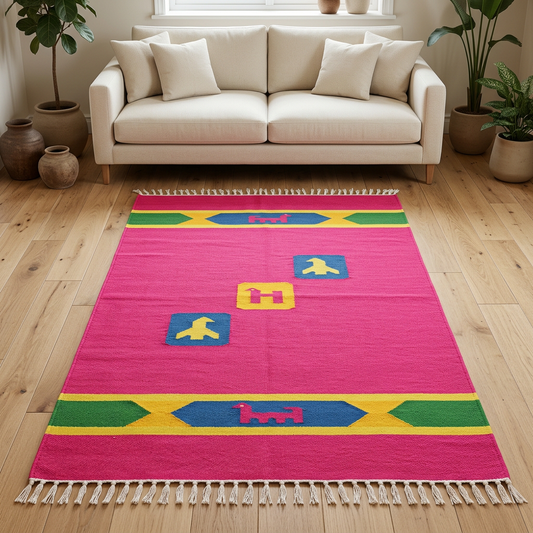 Alfombra OX6 en sala con sofá neutro y piso de madera