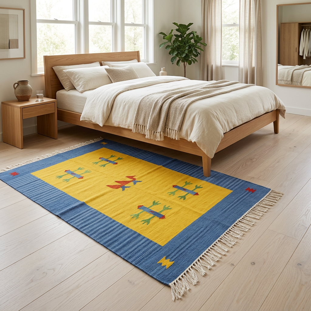 Alfombra OX8 en dormitorio con cama de madera