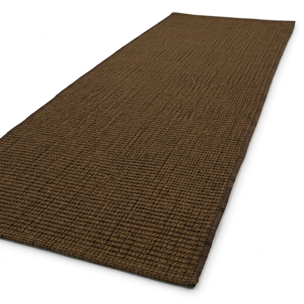 Brown cotton runner rug on white background, oblique view