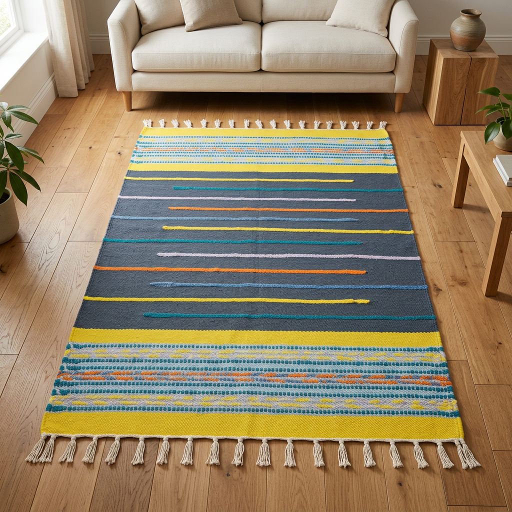 Alfombra BZ1 en sala con sofá neutro y piso de madera