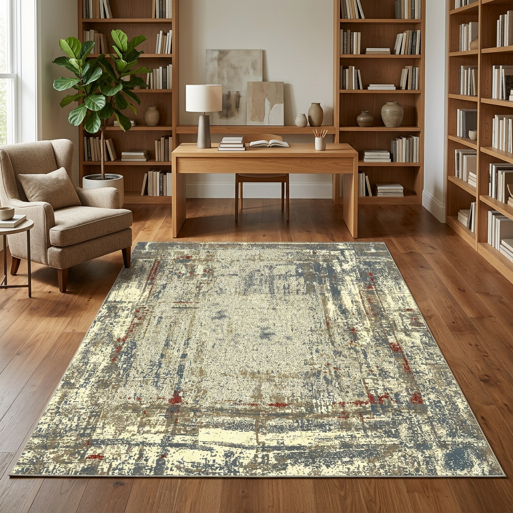 Visualización con IA de alfombra SAS04 en un estudio, vista amplia