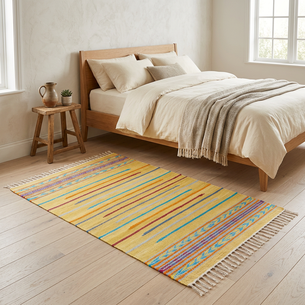Alfombra BZ2 junto a una cama de madera en un dormitorio neutro