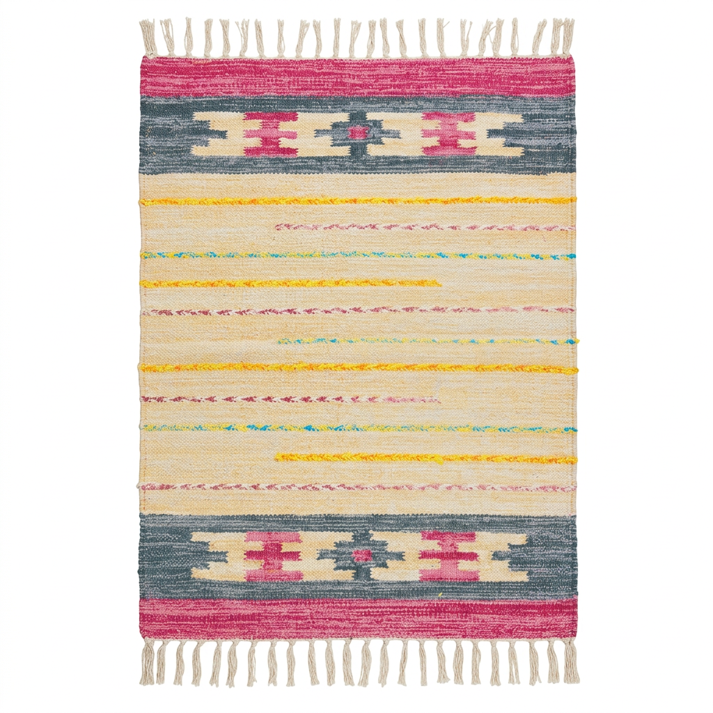 Vista frontal de la alfombra Kilim BZ7 multicolor sobre fondo blanco