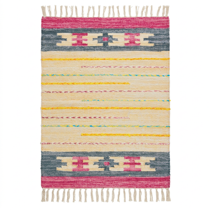 Vista frontal de la alfombra Kilim BZ7 multicolor sobre fondo blanco