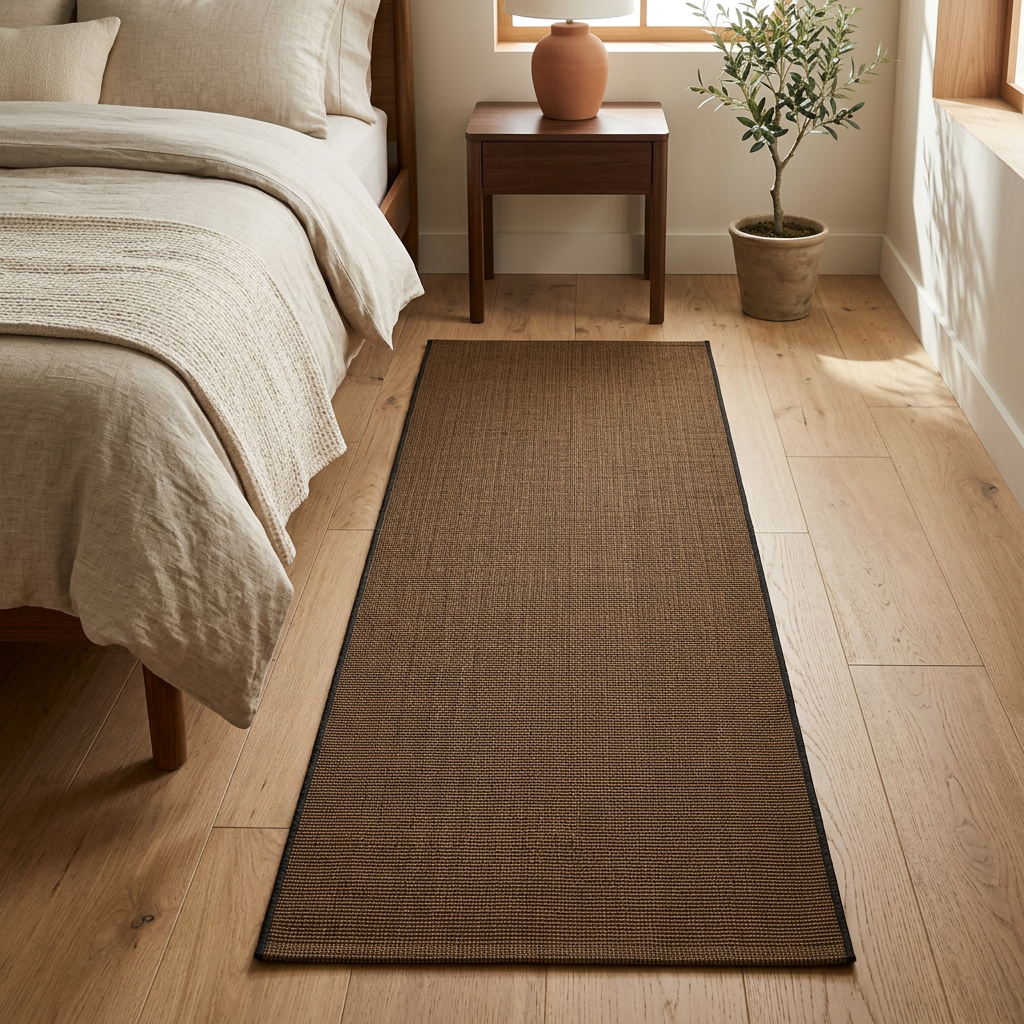 Brown cotton runner rug beside a bed