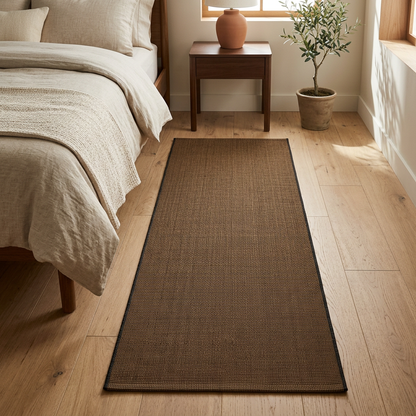 Brown cotton runner rug beside a bed