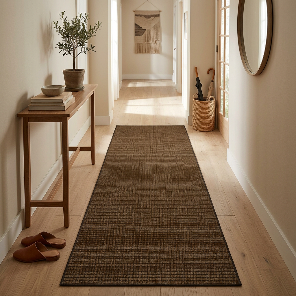 Brown cotton runner rug in a warm neutral entry hallway