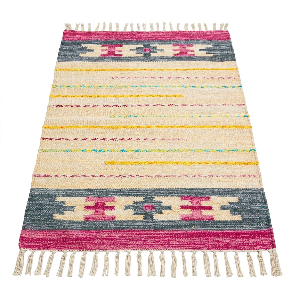 Vista frontal en perspectiva de la alfombra Kilim BZ7 sobre fondo blanco