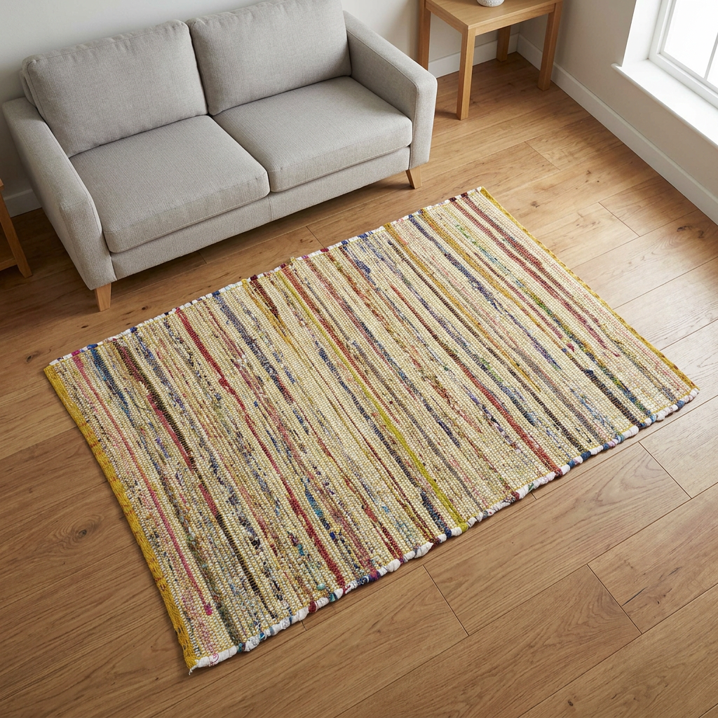 Alfombra chindi IC14520 Amarillo/Dorado con franjas multicolor, ambientación en sala