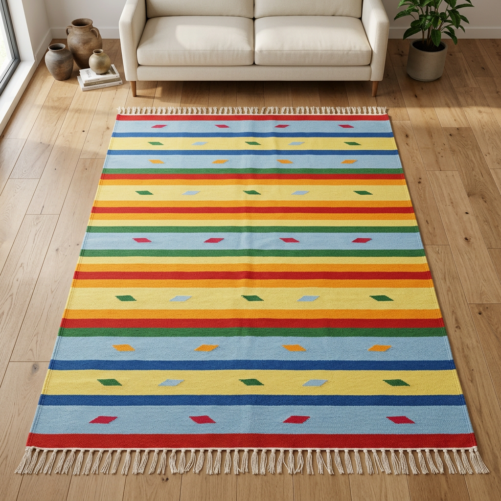 Alfombra OX3 en sala con sofá neutro y piso de madera