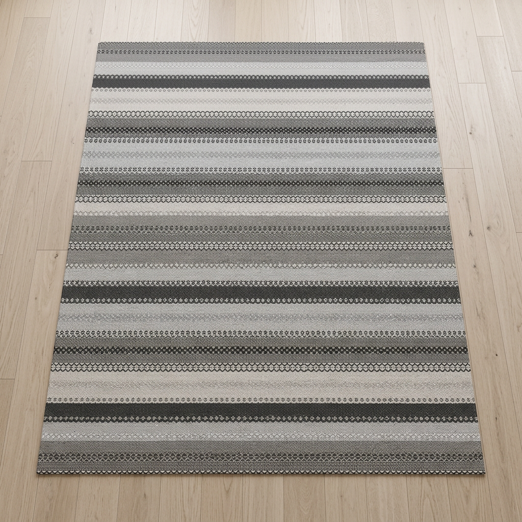 Vista completa de la alfombra rectangular con rayas a lo ancho
